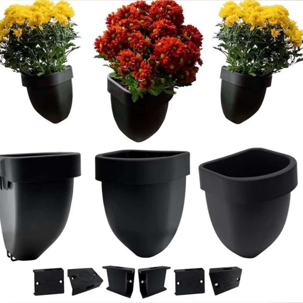 Set of 6 Black Outdoor Fence Rail Planters w/ Brackets